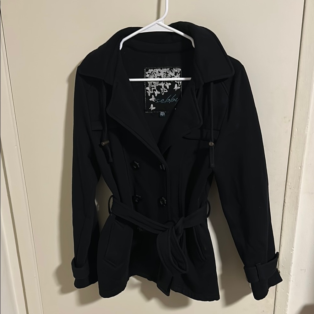 Black Trench Coat with Belted Wrap Design